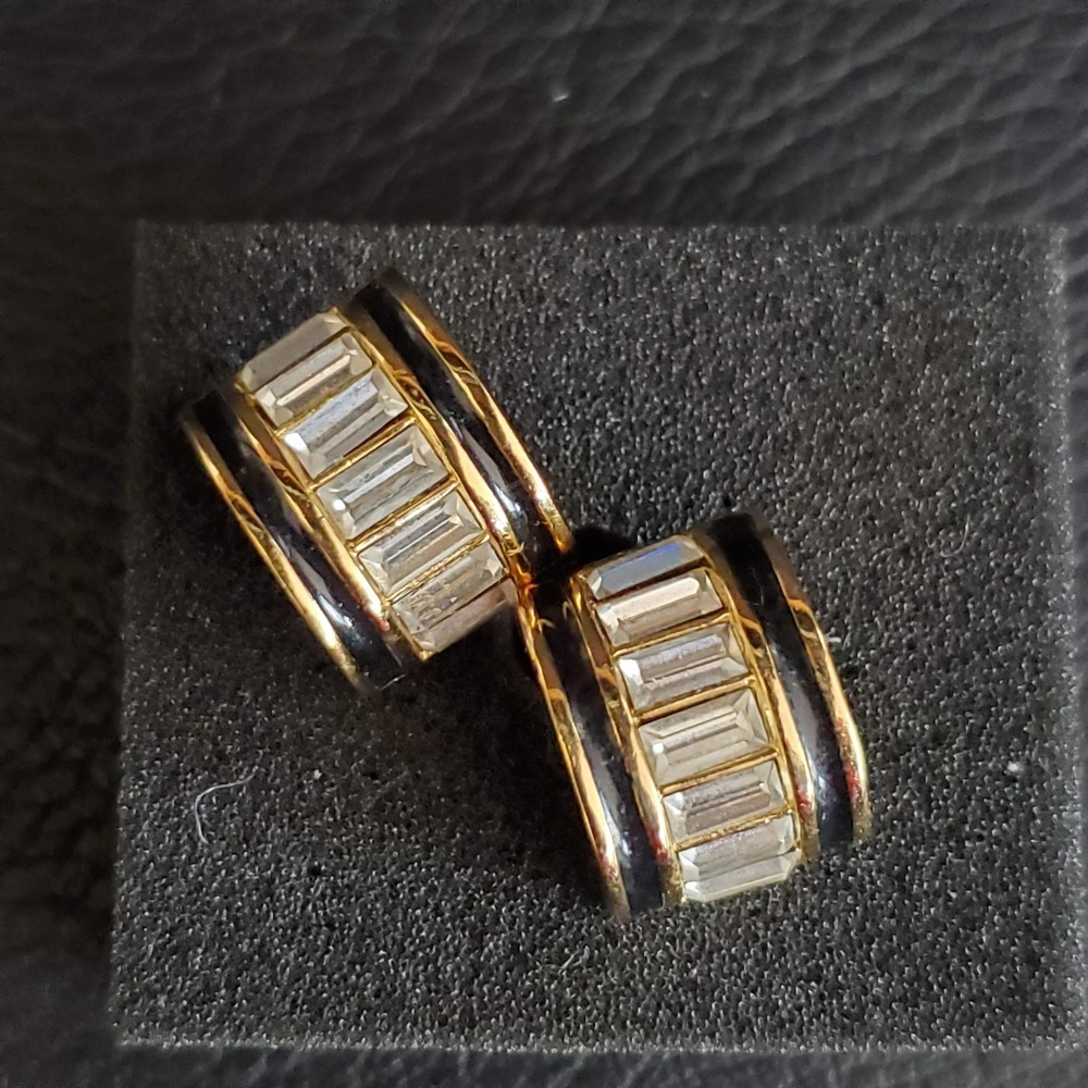 Christian Dior VTG Gold Baguette Crystal Black Enamel Stud Earrings Art Deco